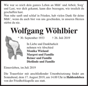 Traueranzeige von Wolfgang Wöhlbier  von Magdeburger Volksstimme