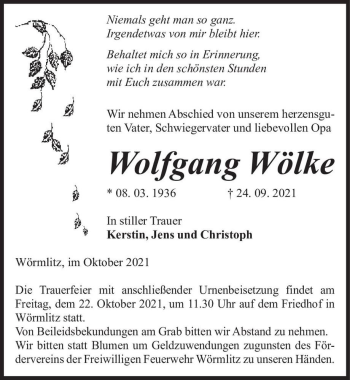 Traueranzeige von Wolfgang Wölke  von Magdeburger Volksstimme