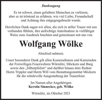 Traueranzeige von Wolfgang Wölke  von Magdeburger Volksstimme