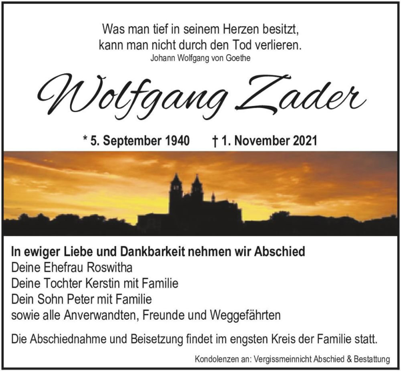  Traueranzeige für Wolfgang Zader  vom 13.11.2021 aus Magdeburger Volksstimme