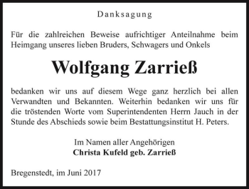 Traueranzeige von Wolfgang Zarrieß  von Magdeburger Volksstimme
