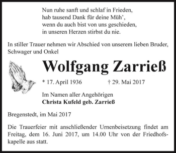 Traueranzeige von Wolfgang Zarrieß  von Magdeburger Volksstimme