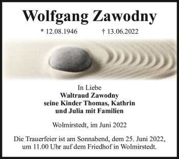 Traueranzeige von Wolfgang Zawodny  von Magdeburger Volksstimme