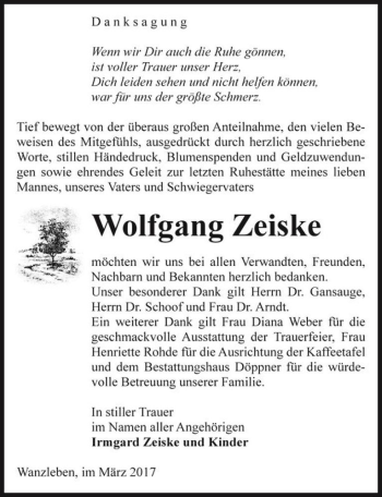 Traueranzeige von Wolfgang Zeiske  von Magdeburger Volksstimme