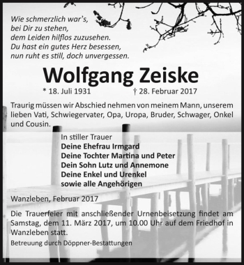 Traueranzeige von Wolfgang Zeiske  von Magdeburger Volksstimme