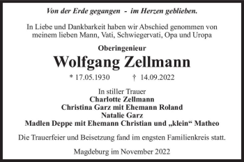 Traueranzeige von Wolfgang Zellmann  von Magdeburger Volksstimme