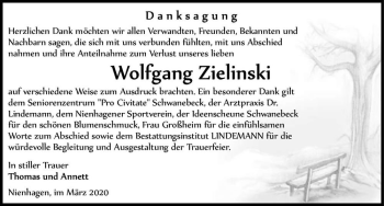 Traueranzeige von Wolfgang Zielinski  von Magdeburger Volksstimme