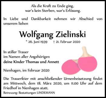 Traueranzeige von Wolfgang Zielinski  von Magdeburger Volksstimme