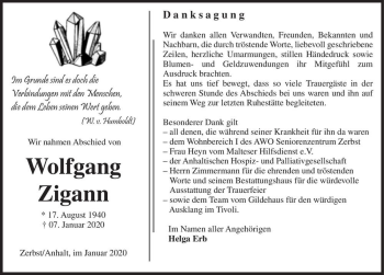 Traueranzeige von Wolfgang Zigann  von Magdeburger Volksstimme
