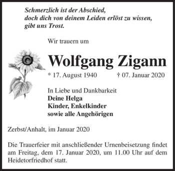 Traueranzeige von Wolfgang Zigann  von Magdeburger Volksstimme