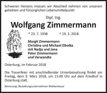 Traueranzeige von Wolfgang Zimmermann  von Magdeburger Volksstimme