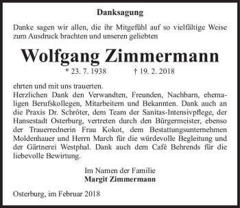 Traueranzeige von Wolfgang Zimmermann  von Magdeburger Volksstimme