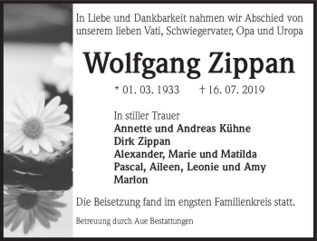 Traueranzeige von Wolfgang Zippan  von Magdeburger Volksstimme