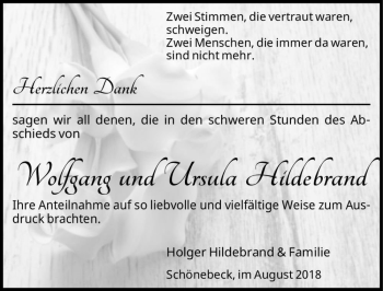 Traueranzeige von Wolfgang und Ursula Hildebrand  von Magdeburger Volksstimme