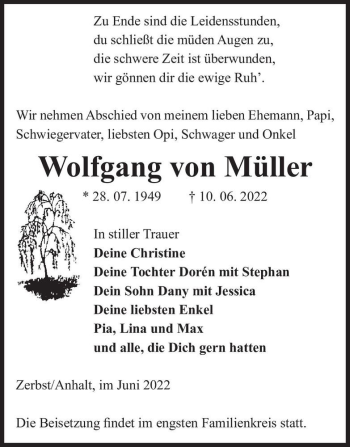Traueranzeige von Wolfgang von Müller  von Magdeburger Volksstimme