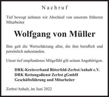 Traueranzeige von Wolfgang von Müller  von Magdeburger Volksstimme