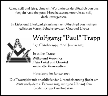 Traueranzeige von Wolfgang “Paul“ Trapp  von Magdeburger Volksstimme