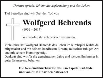 Traueranzeige von Wolfgerd Behrends  von Magdeburger Volksstimme