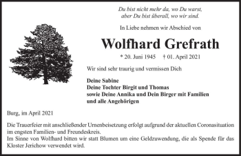 Traueranzeige von Wolfhard Grefrath  von Magdeburger Volksstimme