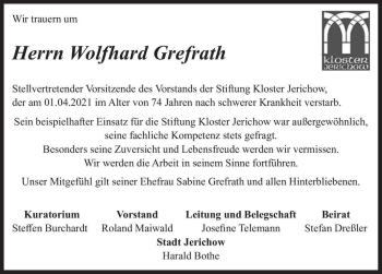 Traueranzeige von Wolfhard Grefrath  von Magdeburger Volksstimme