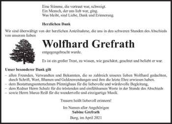 Traueranzeige von Wolfhard Grefrath  von Magdeburger Volksstimme