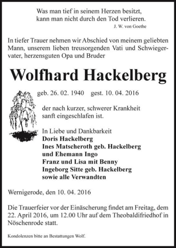 Traueranzeige von Wolfhard Hackelberg  von Magdeburger Volksstimme