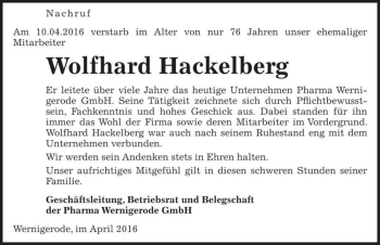 Traueranzeige von Wolfhard Hackelberg  von Magdeburger Volksstimme