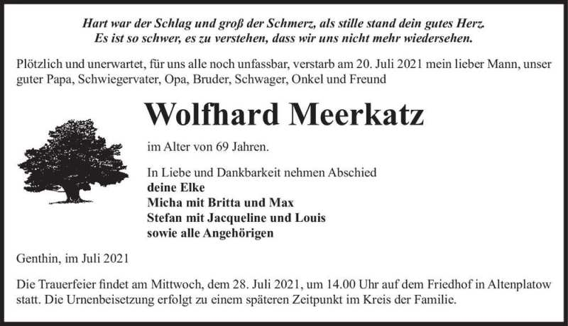  Traueranzeige für Wolfhard Meerkatz  vom 24.07.2021 aus Magdeburger Volksstimme