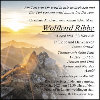 Traueranzeige von Wolfhard Ribbe  von Magdeburger Volksstimme