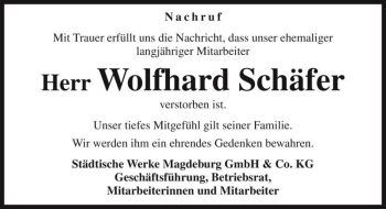 Traueranzeige von Wolfhard Schäfer  von Magdeburger Volksstimme