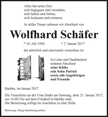 Traueranzeige von Wolfhard Schäfer  von Magdeburger Volksstimme