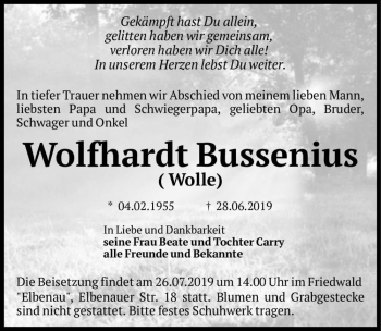 Traueranzeige von Wolfhardt Bussenius (Wolle)  von Magdeburger Volksstimme