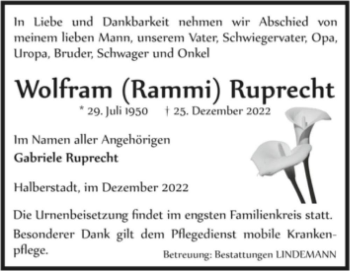 Traueranzeige von Wolfram (Rammi) Ruprecht  von Magdeburger Volksstimme