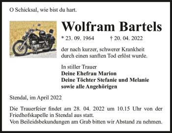 Traueranzeige von Wolfram Bartels  von Magdeburger Volksstimme