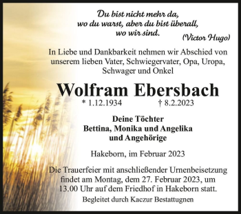 Traueranzeige von Wolfram Ebersbach  von Magdeburger Volksstimme