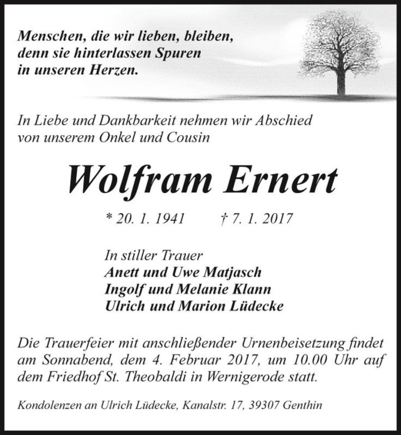  Traueranzeige für Wolfram Ernert  vom 21.01.2017 aus Magdeburger Volksstimme