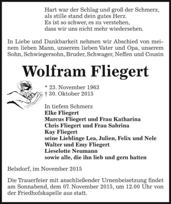 Traueranzeige von Wolfram Fliegert  von Magdeburger Volksstimme