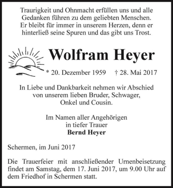 Traueranzeige von Wolfram Heyer  von Magdeburger Volksstimme