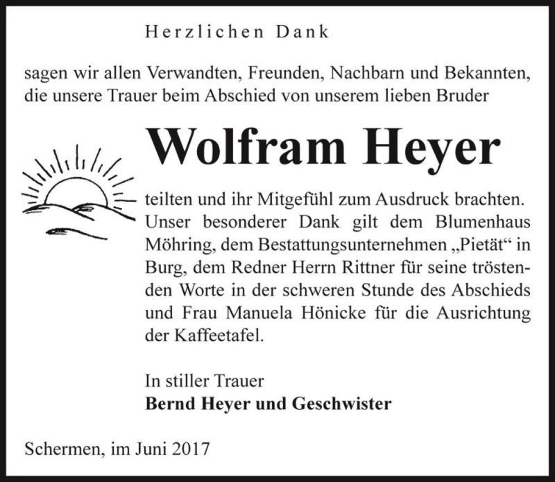  Traueranzeige für Wolfram Heyer  vom 24.06.2017 aus Magdeburger Volksstimme