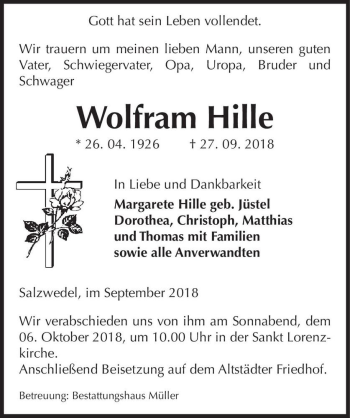 Traueranzeige von Wolfram Hiller  von Magdeburger Volksstimme