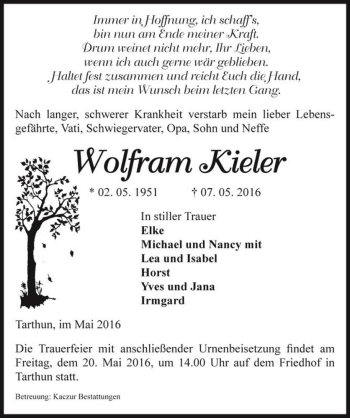 Traueranzeige von Wolfram Kieler  von Magdeburger Volksstimme