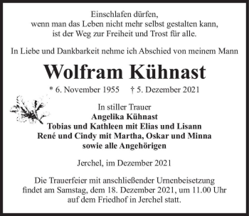 Traueranzeige von Wolfram Kühnast  von Magdeburger Volksstimme
