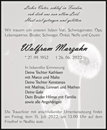 Traueranzeige von Wolfram Marzahn  von Magdeburger Volksstimme