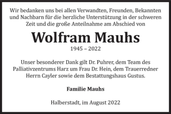 Traueranzeige von Wolfram Mauhs  von Magdeburger Volksstimme
