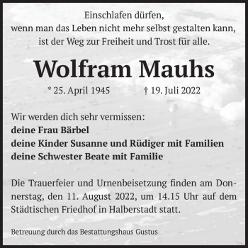 Traueranzeige von Wolfram Mauhs  von Magdeburger Volksstimme