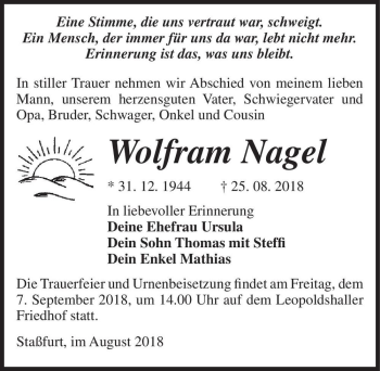 Traueranzeige von Wolfram Nagel  von Magdeburger Volksstimme