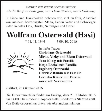 Traueranzeige von Wolfram Osterwald (Hasi)  von Magdeburger Volksstimme