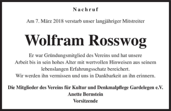 Traueranzeige von Wolfram Rosswog  von Magdeburger Volksstimme