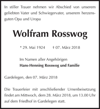 Traueranzeige von Wolfram Rosswog  von Magdeburger Volksstimme