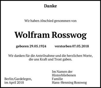 Traueranzeige von Wolfram Rosswog  von Magdeburger Volksstimme